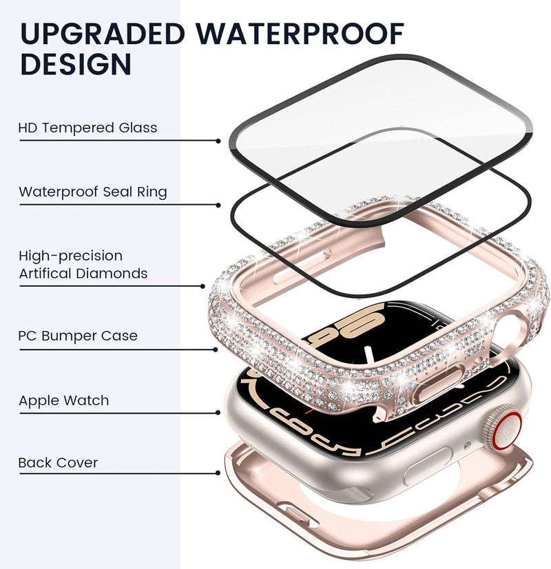 Tensea [2 in 1 for Waterproof Apple Watch Screen Protector Case 45mm Series 9/8/7 Accessories, 360 iWatch Diamond Front Bumper with Glass Film and Back Bumper, Bling Face Cover Women, 45 mm - Image 3